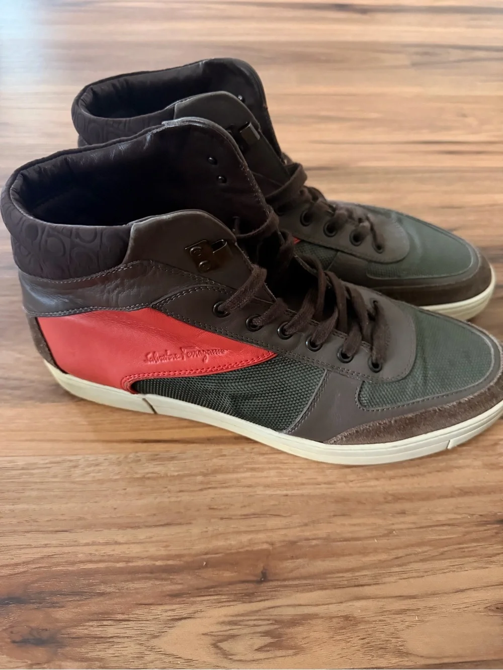 Salvatore Ferragamo Men's High-Top Sneakers in Green, Brown and Red Accent